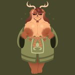 acorn anthro antlers areola arm_tuft bell belt big_areola big_breasts big_nipples biped blush breasts brown_areola brown_body brown_eyelids brown_fur brown_hair clothing countershade_face countershade_fur countershading eyelashes eyes_closed female food front_view fruit fur glistening glistening_breasts gradient_ears green_background green_clothing green_robe hair hand_on_breast hand_on_own_breast holding_breast horn huge_areola huge_breasts huge_nipples inverted_nipples mature_anthro mature_female monotone_background nipples nut_(fruit) open_mouth open_smile plant robe rope rope_belt short_hair shoulder_tuft simple_background smile solo tan_body tan_fur tuft wide_hips naycelium hinoki_(naycelium) jackalope lagomorph mammal 1:1 full-length_portrait hi_res portrait