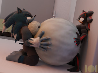 anthro belly belly_expansion belly_press big_belly black_body black_fur black_nipples dark_body dark_fur duo expansion fangs fur grey_belly grey_body grey_fur hand_on_belly huge_belly hyper hyper_belly inflation inside kneeling looking_at_another male male/male moobs musclegut muscular muscular_anthro muscular_male nipples overweight overweight_anthro overweight_male pecs pinned pinned_to_wall standing teeth onehundredandone sega sonic_the_hedgehog_(series) sonic_unleashed shadow_the_hedgehog sonic_the_hedgehog sonic_the_werehog eulipotyphlan hedgehog mammal werecreature wereeulipotyphlan werehog 2025 3d_(artwork) 4:3 absurd_res digital_media_(artwork) hi_res