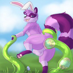 anal anal_penetration animal_genitalia anthro anus backsack balls blue_background blue_eyes butt cheek_tuft chest_tuft consentacles countershade_torso countershading easter_egg egg egg_insertion facial_markings facial_tuft fake_ears fake_rabbit_ears flower fur genitals grass head_markings head_tuft holidays leg_markings leg_tuft male markings mask_(marking) open_mouth outside ovipositor pawpads penetration perineum pink_anus pink_body pink_fur pink_pawpads plant purple_body purple_fur round_ears semi-anthro sex sharp_teeth sheath simple_background socks_(marking) solo tail tail_grab teeth tentacle_sex tentacles tongue tuft xilrayne easter djin_the_purple_raccoon mammal procyonid raccoon 1:1 2020 dated signature