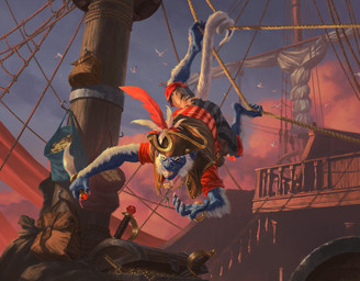 blue_body blue_fur clothing cloud dagger day fur gold_(metal) gold_jewelry hat headgear headwear holding_dagger holding_melee_weapon holding_object holding_weapon jewelry key looking_at_viewer loose_feather male mast melee_weapon money on_ship outside pirate rope ship solo tail vehicle watercraft weapon white_body white_fur lie_setiawan hasbro magic:_the_gathering wizards_of_the_coast ambient_bird haplorhine mammal monkey primate hi_res official_art