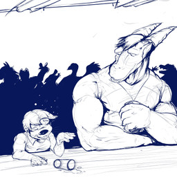 anthro bar beverage bubble clothed clothed_male clothing container crowd cup drunk drunk_bubble duo flirting fur glass glass_container glass_cup group hair holding_beverage holding_object horn male membrane_(anatomy) muscular sitting spilled_drink substance_intoxication teeth tongue webbed_hands pandottermon skallox toma_(pandottermon) mammal mustelid otter blue_and_white hi_res monochrome