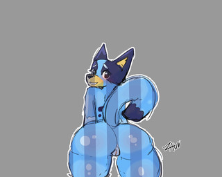 anthro big_butt blue_body blue_fur blush butt female fur genitals looking_at_viewer nude rear_view simple_background smile solo tail thick_thighs vulva wide_hips young young_anthro zaw bluey_(series) bluey_heeler canid canine canis domestic_dog mammal 5:4 hi_res