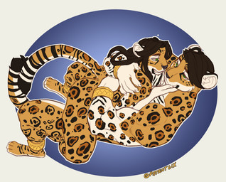 4_toes 5_fingers blue_eyes brown_hair duo eyebrows eyelashes feet fingers fur hair hug markings spots spotted_body spotted_fur straddling toes faint felid leopard mammal pantherine 2021 digital_media_(artwork)