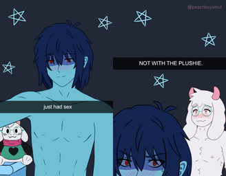 ambiguous_gender anthro blue_body blue_hair blue_skin blush caption duo embarrassed eyewear femboy fur glasses green_eyewear green_glasses hair half_naked horn inside long_ears looking_at_viewer male male/ambiguous male_anthro nipples pink_eyes pink_horn pink_nipples plushie red_eyes simple_background text wearing_glasses white_body white_fur peachboysmut deltarune undertale_(series) kris_dreemurr ralsei bovid caprine darkner goat human mammal 2026 absurd_res digital_media_(artwork) english_text hi_res meme nonbinary_(lore)