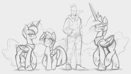 blush clothing crown cutie_mark ellipsis ethereal_hair ethereal_tail eyelashes feathered_wings feathers female feral group hand_in_pocket headgear hoodie hoof_shoes hooves horn long_horn long_tail male pockets regalia smile snout tail tiara topwear unicorn_horn wings ather_os friendship_is_magic hasbro my_little_pony mythology anon princess_celestia_(mlp) princess_luna_(mlp) twilight_sparkle_(mlp) equid equine human mammal mythological_creature mythological_equine winged_unicorn 2024 absurd_res black_and_white hi_res monochrome sketch