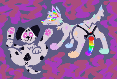 abstract_background animal_genitalia animal_vulva anus black_anus black_ears black_spots black_vulva canine_genitalia canine_vulva duo fangs female feral fur genitals grey_body grey_fur multicolored_eyes pink_eyes presenting presenting_vulva rainbow_anus rainbow_dildo rainbow_eyes rainbow_inner_ear rainbow_nose spots strapon teeth toony vulva demensa canid canine canis dalmatian domestic_dog mammal 2025 digital_media_(artwork) hi_res pixel_(artwork)