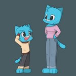 anthro blue_body blue_bottomwear blue_clothing blue_fur blue_jeans blue_pants bottomwear clothed clothing denim denim_bottomwear denim_clothing duo feet female fully_clothed fur head_tuft jeans male pants simple_background standing sweater topwear tuft young young_anthro chopsticc cartoon_network the_amazing_world_of_gumball gumball_watterson nicole_watterson domestic_cat felid feline felis mammal 1:1 2022 digital_drawing_(artwork) digital_media_(artwork) hi_res mother_(lore) parent_(lore) son_(lore)