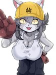 :3 anthro anthrofied armor big_breasts biped breasts cleavage clothed clothing female female_anthro front_view fur gloves grey_body grey_fur grey_hair hair handwear headgear helmet kemono looking_at_viewer open_mouth pupils safety_helmet shirt simple_background slit_pupils solo tank_top topwear white_background kamen_no_hito kumamine safety_cat genba_neko domestic_cat felid feline felis mammal 3:4 hi_res