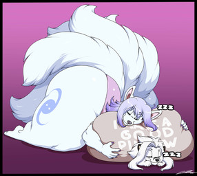 anthro big_breasts big_butt breasts butt clothing duo eyes_closed female fur hair hand_on_breast huge_breasts huge_butt huge_thighs hyper hyper_breasts larger_female male markings multi_tail panties purple_hair shirt size_difference sleeping smaller_male sound_effects tail text text_on_clothing text_on_shirt text_on_topwear thick_thighs topwear underwear vowelless vowelless_sound_effect white_body white_fur white_hair zzz deonwolf deon_(deonwolf) lokutofox canid canine canis fox mammal wolf 2023 digital_media_(artwork) english_text