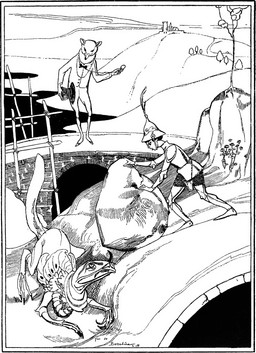 anthro armor biped boulder bridge castle clothing eyewear feral group hat headgear headwear helmet hill male monocle plant pushing rock shrub simple_background sky standing top_hat trio white_background jean_de_bosschere mythology public_domain reynard_the_fox canid canine dragon fox human mammal mythological_creature mythological_scalie scalie 1918 20th_century ancient_art black_and_white hi_res monochrome signature