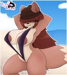 anthro areola big_breasts blue_sky blush breasts brown_areola brown_body brown_fur brown_hair butt clothing cloud countershade_crotch countershade_face countershade_neck countershade_torso countershading day dipstick_tail exposure_variation female fur genitals hair markings micro_sling_bikini navel nipples nude one-piece_swimsuit outside purple_sling_bikini pussy pussy_floss simple_background sky sling_bikini snaggle_tooth solo swimwear tail tail_markings tan_body tan_countershading tan_fur tan_tail_tip thick_thighs translucent translucent_clothing translucent_swimwear wide_hips jazzyrakk ebona_(jazzyrakk) domestic_cat felid feline felis mammal digital_media_(artwork) hi_res