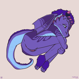 2_horns anthro anus back_wings biped blue_body blue_eyes blue_hair countershade_scales countershade_tail countershade_torso countershading curled_up ear_frill eyebrows female fetal_pose frill_(anatomy) genitals hair horn humanoid_genitalia humanoid_vulva membrane_(anatomy) membranous_frill membranous_wings multicolored_body multicolored_scales nude purple_body purple_scales qr_code scales self_hug short_hair solo tail two_tone_body two_tone_scales vulva white_body white_countershading wings young young_anthro young_female maverick mythology embrya_(ransiel) dragon mythological_creature mythological_scalie scalie 1:1 2026 hi_res