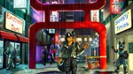 anthro city clothed clothing detailed_background digitigrade feral group machine male neon_lights raining sitting standing text heartermobs cone_(character) canid canine mammal protogen 16:9 2023 english_text hi_res widescreen