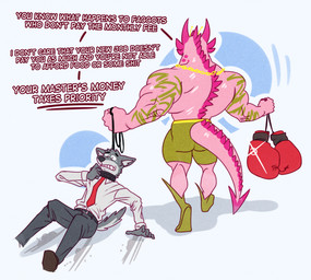 abuse anthro asphyxiation biceps bodily_fluids boxing_gloves choking clothed clothing collar degradation dominant dominant_male duo financial_domination handwear leash leashed_collar male male/male muscular muscular_male submissive submissive_male sweat text topless lotolotl loto_(lotolotl) amphibian aquatic axolotl canid canine canis mammal mole_salamander salamander wolf english_text hi_res