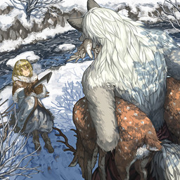 anthro bottomwear clothed clothing coat confusion detailed_background dominant dominant_female dominant_human duo fantasy female fully_clothed holding_object hunting male melee_weapon obedient river scared size_difference slave submissive submissive_male sword topwear weapon winter harusame_(rueken) wolf_(harusame) canid canine canis human mammal wolf 1:1