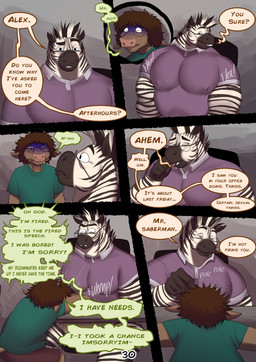 anthro bedroom_eyes biceps black_stripes blue_blush blush bouncing_pecs brown_body brown_hair clothing color_coded color_coded_speech_bubble color_coded_text desperation dialogue duo eyebrows eyewear flexing_pecs glasses green_clothing green_shirt green_topwear hair head_on_table male male/male mane muscular muscular_arms narrowed_eyes nervous onomatopoeia page_number raised_eyebrow seductive serious shaking shirt shocked sound_effects speech_bubble stripes t-shirt text tight_clothing tight_shirt tight_topwear topwear white_body azathura alan_(azathura) thayne_(azathura) bovid bovine cattle equid equine mammal zebra comic english_text hi_res multiple_scenes