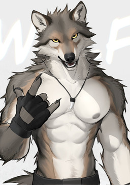 abs anthro areola arm_tuft bottomwear brown_body brown_fur claws clothed clothing devil_horns_(gesture) finger_claws fingerless_gloves fur gesture gloves hand_gesture handwear inner_ear_fluff jewelry looking_at_viewer male muscular necklace nipples open_mouth pants shoulder_tuft solo tooth_necklace topless tuft whiskers white_body white_fur yellow_eyes kojiray canid canine canis mammal wolf 2025 half-length_portrait hi_res portrait