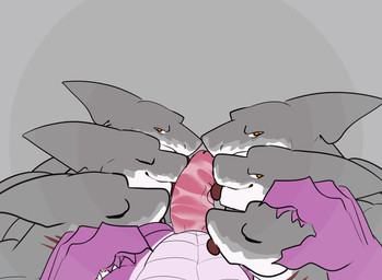 anthro big_penis bodily_fluids collaborative collaborative_fellatio collaborative_oral collaborative_sex edging erection eyes_closed fellatio first_person_view genitals gills grey_background grey_body group group_sex humanoid_genitalia humanoid_penis licking looking_at_viewer male male/male male_pov multicolored_body multicolored_scales nude oral penile penis penis_lick purple_body purple_scales saliva saliva_on_penis scales sex simple_background throbbing throbbing_penis tongue two_tone_body two_tone_scales vein veiny_penis yellow_eyes sharkellion fuzzysmore_(character) aquatic fish kobold scalie shark 2d_animation animated motion_tweening