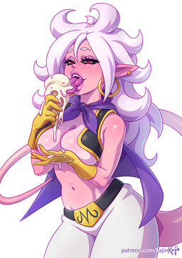 black_sclera blush breasts cleavage clothed clothing dessert ear_piercing ear_ring eyeshadow female food food_fetish gloves hair handwear humanoid_pointy_ears ice_cream licking long_hair makeup navel not_furry open_mouth piercing pink_body pink_skin pointy_ears red_eyes ring_piercing simple_background solo suggestive suggestive_food text tongue tongue_out topwear vest white_background white_hair kajinman dragon_ball dragon_ball_fighterz android_21 majin_android_21 bio-android_(dragon_ball) humanoid majin 2019 url