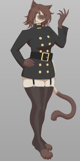 anthro belt blue_eyes brown_body brown_fur brown_hair claws clothing female fur hair hair_over_eye inner_ear_fluff legwear looking_at_viewer paws solo tail thigh_highs tuft yutsi_catboi domestic_cat felid feline felis mammal siamese_cat absurd_res hi_res