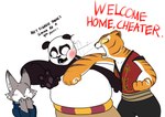 anthro dialogue female fur grey_body grey_fur group humor male open_mouth punch punching_face simple_background text trio bran-draws-things dreamworks kung_fu_panda master_po_ping master_tigress zhen_(kung_fu_panda) bear canid canine corsac_fox felid fox giant_panda mammal pantherine tiger true_fox 2023 digital_media_(artwork) english_text hi_res