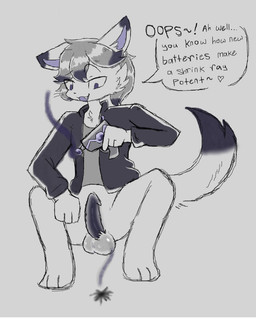 anthro balls crouching_over_partner extreme_size_difference genitals holding_object holding_weapon male penis shrink_ray size_difference smile smirk solo taunting weapon starry_stoat felid feline mammal 4:5 absurd_res hi_res
