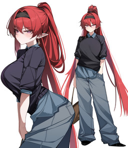 angry big_breasts black_clothing black_hairband black_shirt black_topwear blush bottomwear breasts clothing denim denim_bottomwear denim_clothing ear_piercing female grey_bottomwear grey_clothing grey_jeans grey_pants hair hair_between_eyes hand_in_pocket holding_bag humanoid_pointy_ears jeans long_hair looking_at_viewer mole_under_eye not_furry pants piercing pockets pointy_ears ponytail purple_eyes red_hair shirt short_sleeves simple_background solo topwear white_background oxooxo666 kuro_games wuthering_waves yinlin_(wuthering_waves) elf humanoid absurd_res digital_drawing_(artwork) digital_media_(artwork) hi_res