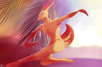 ballet beach beach_background blade_arm dancer_position dynamic eyelashes femboy green_eyes hot_spring male melee_weapon multicolored_body palm_tree pecs plant polearm red_body scenery scythe slim smile smiling_at_viewer smirk smirking_at_viewer squat_position squatting_pose sunny tree water weapon yellow_body animal_humanoid arthropod arthropod_humanoid ghost_mantis humanoid insect insect_humanoid mantis hi_res shaded
