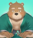 anthro belly blue_background blush bottomwear brown_body brown_fur clothing fur humanoid_hands kemono male overweight overweight_anthro overweight_male pants simple_background solo neiiio bear mammal 2020 hi_res