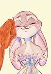 anthro cheek_tuft clothed clothing disembodied_hand dress duo ears_down facial_tuft fur grey_body grey_fur pivoted_ears simple_background smile tan_background tuft strawberry628_(artist) disney zootopia judy_hopps lagomorph leporid mammal rabbit 2020 hi_res painting_(artwork) traditional_media_(artwork) traditional_painting_(artwork) traditional_watercolor_(artwork) watercolor_(artwork)