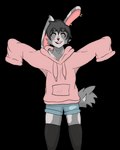 anthro black_clothing black_hair black_legwear black_thigh_highs blush bottomwear cheek_tuft clothing ear_piercing eyes_closed facial_tuft femboy first_person_view fluffy fluffy_tail fur graybie_the_bun grey_body grey_fur grey_tail hair hoodie hotpants hug legwear male multicolored_body multicolored_fur one_ear_up oversized_clothing piercing pink_clothing pink_hoodie pink_topwear shorts simple_background smile solo spread_arms tail thigh_highs topwear transparent_background tuft yeetboi420z lagomorph leporid mammal rabbit 4:5 absurd_res alpha_channel hi_res