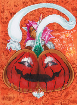 anthro arm_tuft backsack balls big_butt brown_body brown_skin butt cat_tail duo food fruit fur genitals gynomorph hair huge_butt intersex looking_at_viewer male paint_drip pattern_background pawpads penis pink_hair plant pumpkin pumpkin_butt shoulder_tuft simple_background small_penis smile smiley_face tuft white_body white_fur the_fedor_corpse chessly animal_humanoid cat_humanoid felid felid_humanoid feline feline_humanoid humanoid mammal mammal_humanoid hi_res painting_(artwork)