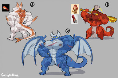 2_horns 3_fingers 3_toes anthro arm_spikes biceps big_muscles big_spoon blue_body blue_scales blue_wings bottomwear chest_scar clothed clothing countershade_legs countershade_torso countershading cutlery dorsal_ridge elbow_spikes feet figurine fingers fist food front_view grey_background grey_bottomwear grey_clothing grey_loincloth group hand_behind_own_head hand_on_hip hand_on_own_chest head_horn holding_spoon horn huge_muscles kitchen_utensils leg_scar loincloth loincloth_only looking_at_viewer male membrane_(anatomy) membranous_wings muscular muscular_male nipples non-mammal_nipples nude numbered_sequence orange_body pecs photo_reference rear_view red_body scales scar simple_background simple_eyes spices spikes spikes_(anatomy) spoon sushi tail tail_scar teeth text toes tongue tongue_out tools topless trio white_body white_countershading white_membrane wings yellow_tongue goofyahdragons mythology animate_inanimate dragon mythological_creature mythological_scalie scalie 2025 artist_name digital_drawing_(artwork) digital_media_(artwork) full-length_portrait hi_res portrait
