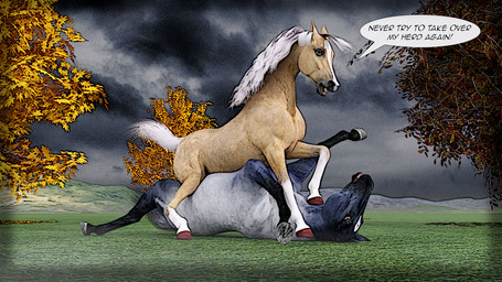 defeated duo feral feral_on_feral fight male male/male pinned pinned_to_ground text sunjaguar the_silver_brumby thowra equid equine horse mammal 16:9 3d_(artwork) comic digital_media_(artwork) english_text widescreen