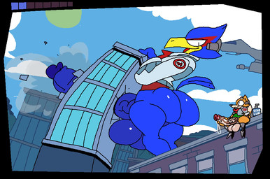 anthro balls beak big_penis blue_body blue_feathers bodily_fluids bottomless building building_penetrated building_sex butt city clothed clothing cum cum_meter destruction duo erection excessive_cum excessive_genital_fluids eye_contact feathers genital_fluids genitals great_fox huge_penis humanoid_genitalia humanoid_penis hyper hyper_genitalia hyper_penis looking_at_another macro male male_focus masturbation micro non-mammal_balls penile penile_masturbation penis superiorfox nintendo star_fox deidra_(homosheep) falco_lombardi fox_mccloud avian bird canid canine fox mammal animated hi_res meme short_playtime video
