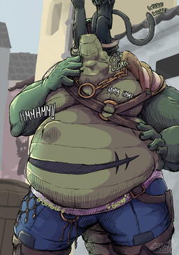 anthro belly big_belly black_body black_fur bottomwear clothing duo fur green_body male male_pred muscular muscular_male neck_bulge oral_vore pants rumbling_stomach shoulder_armor tail vore chopangigante crocodile crocodilian domestic_cat felid feline felis mammal reptile scalie hi_res
