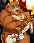 anthro asian_clothing belly bodily_fluids brown_body brown_fur bulge clothing east_asian_clothing fundoshi fur humanoid_hands japanese_clothing kemono male moobs nipples overweight overweight_anthro overweight_male solo sweat underwear raichoclub bear mammal 2019 hi_res