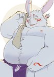 anthro asian_clothing belly big_belly bulge clothing east_asian_clothing fundoshi humanoid_hands japanese_clothing kemono male moobs nipples one_eye_closed overweight overweight_male simple_background solo underwear white_body art_hoshi lagomorph leporid mammal rabbit 2023 hi_res