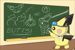 butt chalk chalkboard chalkboard_eraser drawing eyewear eyewear_on_head feral fur goggles goggles_on_head logo male scarf solo text white_scarf yellow_body yellow_fur pichu90 nintendo pokemon sparks_pichu generation_2_pokemon pichu pokemon_(species) 2023 artist_logo english_text hi_res