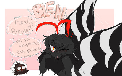 ambiguous_gender angry anthro arm_tuft big_wings blush canon_x_oc cutaway dialogue duo eyelid_pull eyelid_pull_taunt female female_anthro freckled_arms freckled_face freckles gesture grey_body hair insect_wings lepidopteran_wings looking_back nude one_eye_closed orange_eyes pink_background ruff simple_background striped_wings stripes text tongue tongue_out tuft two_tone_wings wings wink bileshroom disney hoppers_(disney) pixar fan_character scarlet_(masochistfox) titus_(hoppers) arthropod butterfly insect lepidopteran swallowtail_butterfly zebra_swallowtail 2026 digital_drawing_(artwork) digital_media_(artwork) english_text hi_res