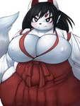 anthro asian_clothing belly big_belly big_breasts black_eyes black_hair blush bottomwear breasts clothing east_asian_clothing female fur hair hakama haori huge_breasts japanese japanese_clothing kemono long_hair looking_at_viewer miko_outfit nipple_outline nipples obi red_bottomwear red_clothing red_hakama simple_background smile solo standing tail white_background white_body white_fur white_haori white_skin white_tail yosioka_san kakizaki canid canine fox mammal 3:4 absurd_res digital_media_(artwork) hi_res