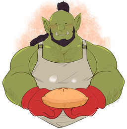 apron arm_hair beard black_hair blush body_hair clothing dessert eyes_closed facial_hair food green_body green_skin hair handwear male muscular muscular_humanoid muscular_male not_furry oven_mitts pastry pecs pie ponytail smile solo tusks seintaur humanoid orc 2019