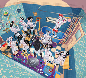 abs aged_up anthro anthrofied basket bathing bathroom bathtub brush brushing brushing_teeth bulge butt cellphone claw_foot_bathtub clothed clothing collar container cup detailed_background electronics eyes_closed feet flip_flops footwear fur group headgear headphones headwear heterochromia holding_brush holding_cellphone holding_container holding_cup holding_object holding_phone holding_smartphone holding_toothbrush inside male markings mirror muscular muscular_male nipples pecs phone sandals shoes shower shower_head showering sink sitting smartphone smile sponge spots spotted_body tail toes toilet tongue tongue_out toothbrush toothpaste topless topless_anthro topless_male towel towel_around_waist towel_only underwear water wet dal101strefan 101_dalmatian_street 101_dalmatians disney d.j._(101_dalmatians) dante_(101_dalmatians) dawkins_(101_dalmatians) deepak_(101_dalmatians) delgado_(101_dalmatians) diesel_(101_dalmatians) dimitri_1_(101_dalmatians) dimitri_2_(101_dalmatians) dimitri_3_(101_dalmatians) dimitri_trio_(101_dalmatians) dylan_(101_dalmatians) canid canine canis dalmatian domestic_dog mammal digital_media_(artwork) hi_res brother_(lore) brothers_(lore) sibling_(lore) triplets_(lore)