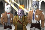 2014 amaki_tsukishiro anthro attack_on_titan blue_eyes blue_necktie bow_tie brown_clothing brown_jacket brown_topwear canid canine canis clothing colored domestic_cat domestic_dog eyewear felid feline felis fur glasses grey_body grey_eyes grey_fur grey_hair group hair husky jacket male mammal mature_male mitsuhisa_aotsuki monotone_body monotone_fur morenatsu multicolored_body multicolored_fur necktie nordic_sled_dog overweight overweight_anthro overweight_male parody poge_jirushi purple_body purple_fur red_bow_tie shigure_tachibana spitz topwear trio two_tone_body two_tone_fur white_body white_fur