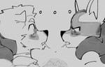 after_kiss anthro anthro_on_anthro blush bodily_fluids canid canine canis duo ellipsis generation_4_pokemon goon_(goonie_san) goonie-san interspecies looking_down lucario male male/male mammal monochrome nintendo pokemon pokemon_(species) pokephilia saliva saliva_string shocked wolf