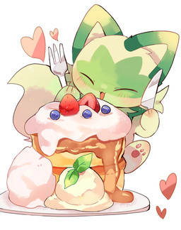 ambiguous_gender blueberry_(fruit) blush blush_lines cheek_tuft cream_(food) eyes_closed facial_tuft feral food fruit fur green_body green_fur happy heart_symbol holding_fork holding_knife holding_object honey_(food) knife mint_leaf_(food) open_mouth open_smile pancake pawpads pink_pawpads plant simple_background smile solo strawberry tail tuft white_background yupo_0322 nintendo pokemon generation_9_pokemon pokemon_(species) sprigatito colored colored_sketch digital_drawing_(artwork) digital_media_(artwork) hi_res shaded sketch