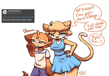 anthro blue_eyes clothing dialogue dress duo female fur male orange_body orange_fur speech_bubble text aitherheart lucya_(ether) ther_(ether) canid canine domestic_cat felid feline felis fox mammal english_text hi_res brother_(lore) brother_and_sister_(lore) sibling_(lore) sister_(lore)