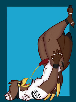 anthro aroused beak bodily_fluids brown_body brown_feathers brown_tail erection feathers feet genital_fluids genitals legs_up lying male male_peeing on_back open_beak open_mouth peeing peeing_in_mouth peeing_on_self penis pink_tongue red_penis smile solo tail talons tapering_penis toes tongue urine urine_in_mouth urine_in_own_mouth urine_on_self watersports white_body white_feathers yellow_beak yellow_body yellow_eyes yellow_feathers honeydew_wolf avian bird great_horned_owl horned_owl owl true_owl hi_res