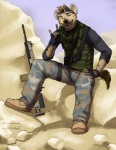 anthro brown_eyes camo camo_print clothed clothing devil_horns_(gesture) eyewear fully_clothed gesture goggles grin gun hand_gesture kerchief looking_at_viewer male military neckerchief ranged_weapon rifle scar-h shemagh smile solo tail uniform weapon fadzai hyena mammal spotted_hyena 2013 absurd_res full-length_portrait hi_res portrait