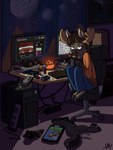 anthro antlers black_eyes black_hooves brown_body brown_fur brown_hair chair clothing computer computer_keyboard computer_monitor container cup ear_piercing electronics fur furniture gauged_ear grey_inner_ear hair half-closed_eyes holding_container holding_cup holding_mug holding_object hooves horn keyboard_instrument looking_at_viewer male mug musical_instrument narrowed_eyes office_chair on_chair orange_clothing orange_shirt orange_topwear piercing shirt sitting solo tan_antlers topwear brutalmoose_(artist) brutalmoose deer mammal moose new_world_deer 2018 hi_res